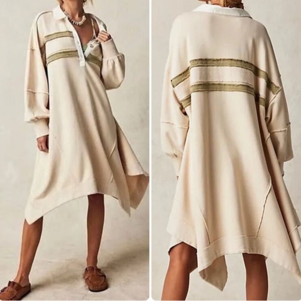 Free People Cream Midi Sweatshirt Dress with Olive Stripe